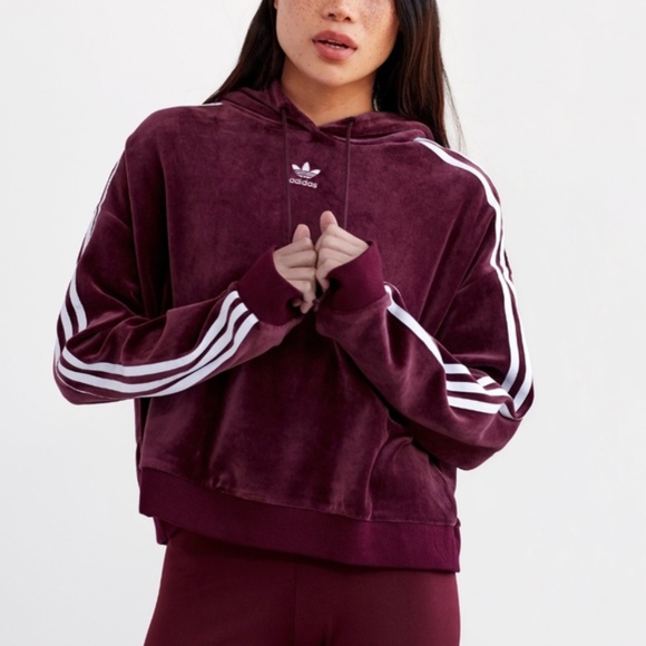 adidas Tops - ADIDAS Original Burgundy Red Velour Cropped Hoodie